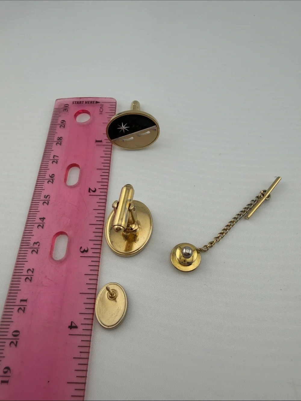 Vintage Cufflinks and tie tack black enamel with star and gold tone accent